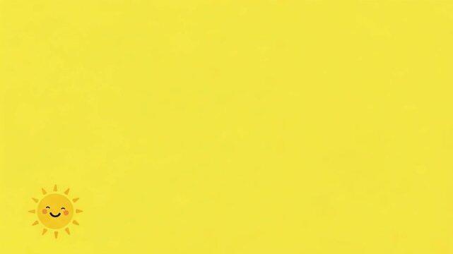 Cute sun character illustration on yellow background. Animated solar icon with smiling face moving across screen. Graphic element for sunny weather forecast design.