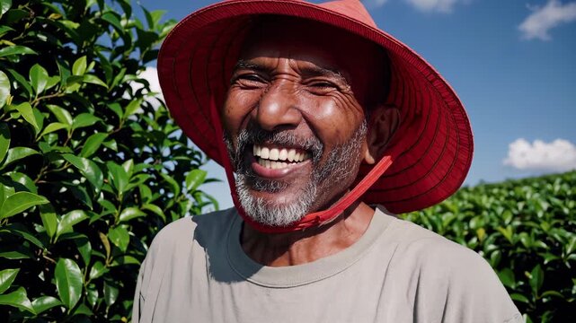 Smiling man harvesting in plantation. Farmer wearing hat stands among plants. Agriculture and farming context shows outdoor nature work during harvest. Visible smile conveys joy and healthy lifestyle.