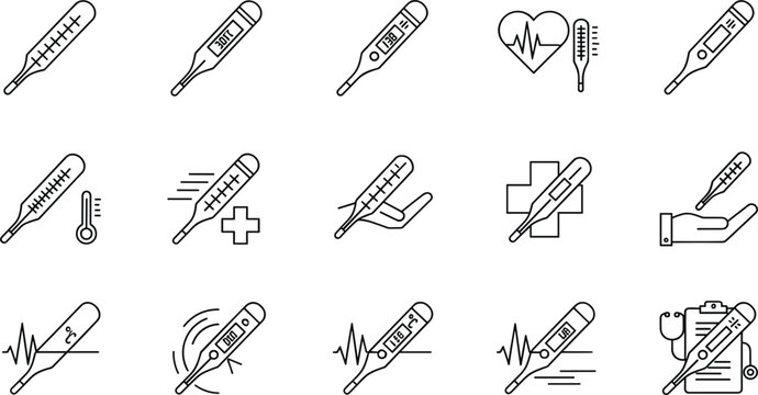 Medical thermometer health temperature measurement line icon set with fever check vector illustration collection