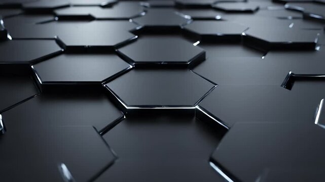 Dark, reflective hexagonal pattern with sharp, glowing edges and a shallow depth of field