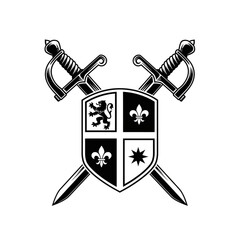 Crossed Swords and Heraldic Shield Emblem. © Wahyuuu