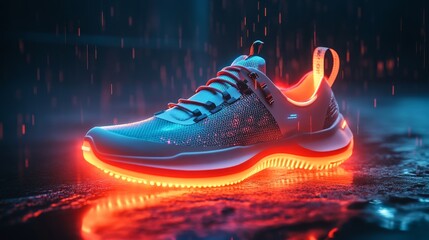 Sneakers designed for gym workouts and fitness, with modern aesthetics and tech features like heart rate tracking. Futuristic design with a focus on technology and fitness ads, Generative AI