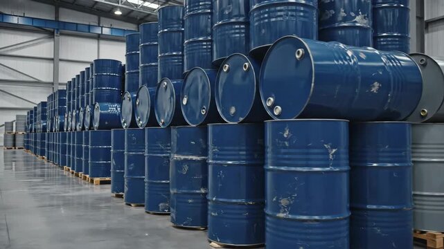 Video of oil barrel stack in industrial storage scene, minimal composition, energy industry concept, petroleum logistics background, metallic containers arranged in clean warehouse environment.
