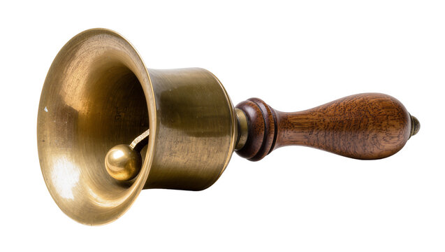 Isolated Classic Golden Brass Handbell with Dark Wooden Handle and Internal Clapper