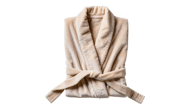Isolated comfortable beige corduroy bathrobe neatly folded and tied, perfect for relaxation
