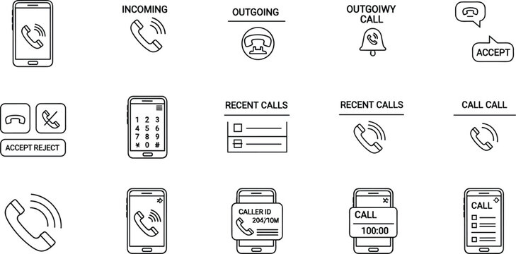 Phone call communication line icon set with incoming outgoing accept reject smartphone contact vector illustration