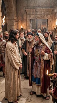 Jesus standing silently before the furious High Priest in the Sanhedrin, vertical video