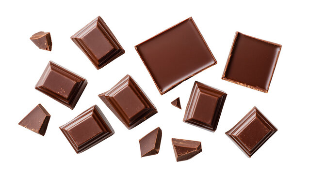 Isolated delicious dark chocolate pieces and chunks, sweet dessert ingredient, gourmet treat
