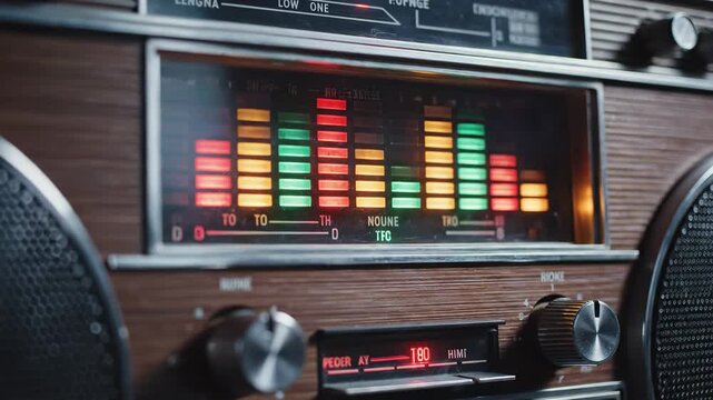 Video of boombox equalizer with LED bars bouncing in retro music style, vintage audio technology background, nostalgic sound system concept for entertainment branding.
