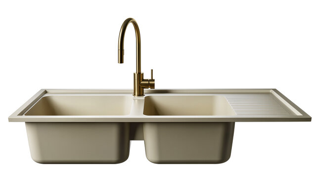 Isolated contemporary kitchen double sink unit with elegant golden tap and side drainer
