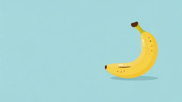 Single yellow banana rotating on blue background. Cute cartoon style fruit illustration. Minimalist design element for animation or digital graphic presentation.