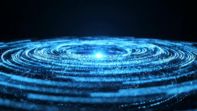 Swirling blue particles emanate from a central bright light against a dark background