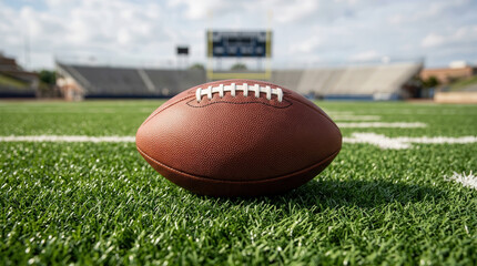 Obraz premium Close-Up of American Football Resting on a Green Field with Stadium Background