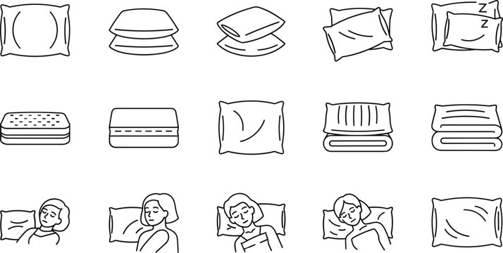 Sleep pillow positions and bedding comfort line icon set with sleeping person vector illustration collection