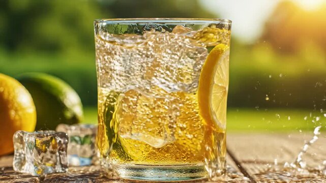 Video of citrus lemonade splash scene in bright setting with refreshing beverage motion, homemade drink concept, seasonal marketing visual for food and drink brands.