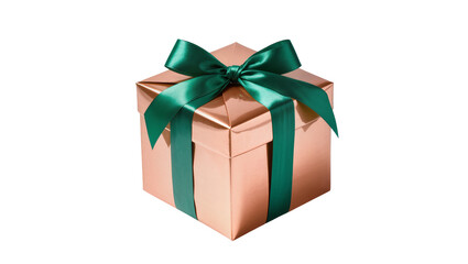Fototapeta premium Isolated shiny rose gold gift box adorned with a beautiful emerald green satin ribbon bow.