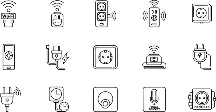 Smart plug and wifi socket technology line icon set with wireless power control vector illustration