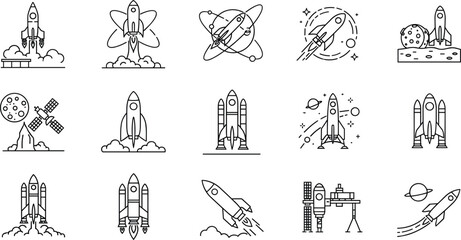 Space rocket launch and satellite exploration line icon set with shuttle planet mission vector illustration collection © Vactor Itbd