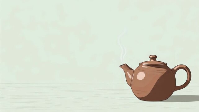 Ceramic teapot with rising steam on table. Cute hand drawn illustration of tea brewing. Cozy morning beverage concept for kitchen decor and restaurant menu design.