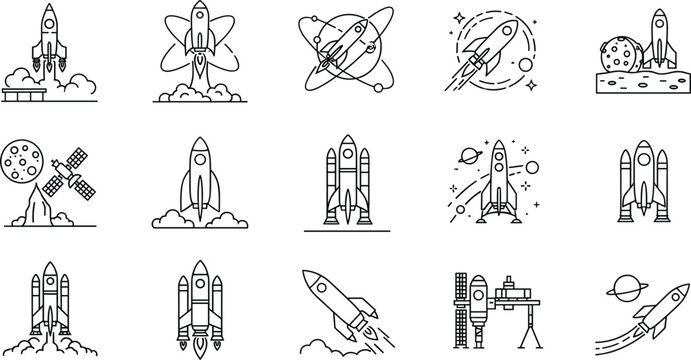 Space rocket launch and satellite exploration line icon set with shuttle planet mission vector illustration collection