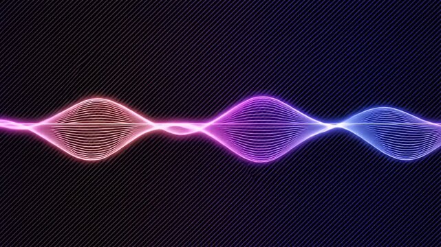 Neon waveform glows with pink and blue hues against a dark, ribbed background