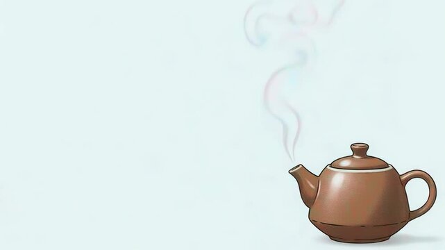 Brown teapot with steaming hot tea. Cartoon illustration showing ascending vapor from a clay vessel. Cozy drink preparation concept for kitchen home interior menu.