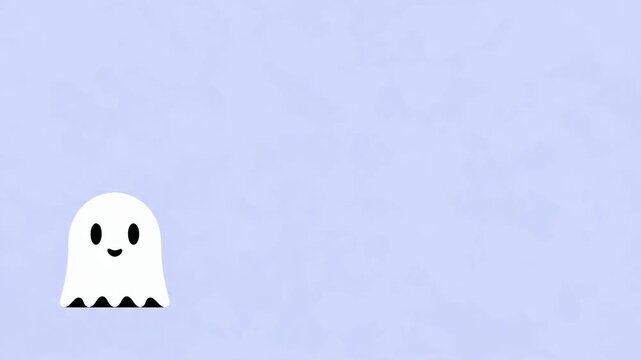 Little white ghost character floating in air. Cute animated spirit with friendly face. Minimalist cartoon creature for spooky event or Halloween celebration theme.