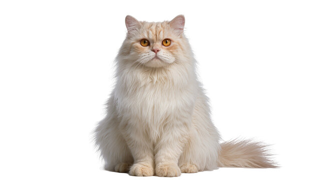 Isolated cream fluffy longhaired cat with vivid orange eyes sitting and looking at camera