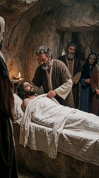 The Burial, Joseph of Arimathea wrapping the body of Jesus in the tomb, vertical video
