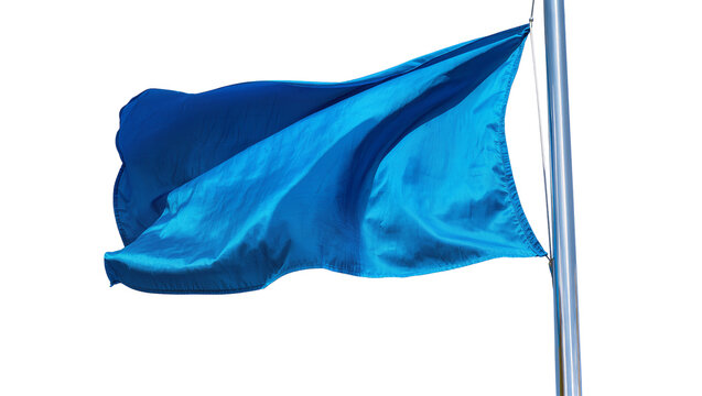 Isolated vibrant blue flag waving on a metallic flagpole under bright sunlight