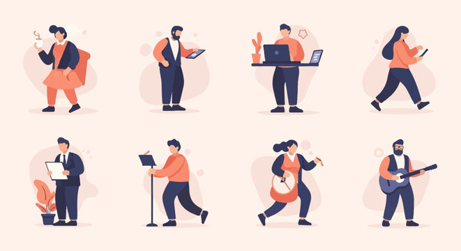 Diverse people in flat illustration style engaged in various activities