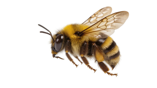 Isolated fluffy bumblebee in mid-flight, a close-up studio shot highlighting its furry body and delicate wings