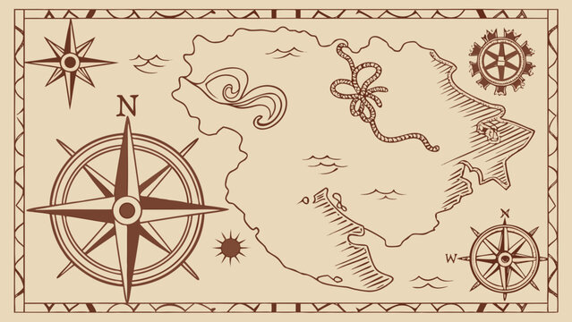 A vintage-style vector illustration of a treasure map with a compass and octopus