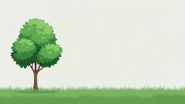 Green tree isolated on white background with grass below. Animated nature landscape drawing showing growth motion. Cute vector style illustration for simple background.