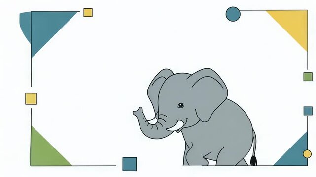 Cute baby elephant animation moving for creative design project. Adorable animal illustration with geometric abstract frame decor for children content background.