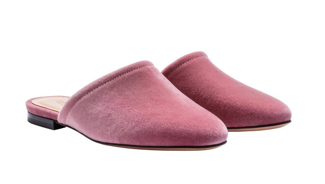 Isolated Pair of elegant pink velvet slip-on mules for women, comfortable footwear style