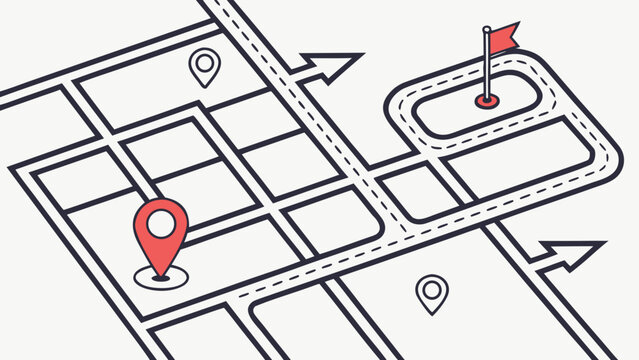 A vector graphic illustration of a map with a red location pin and a flag marking a destination