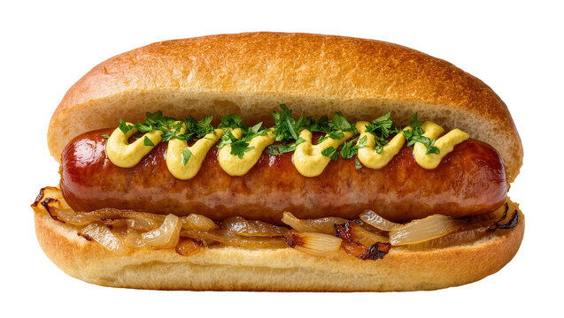 Isolated gourmet hot dog with grilled sausage, savory mustard, fresh parsley, and caramelized onions.