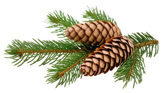 Isolated fresh spruce branch with lush green needles and two natural brown Christmas cones