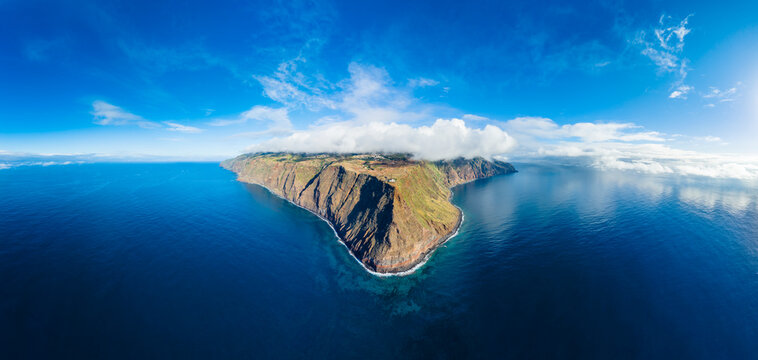 Aerial view of Ponta do Pargo cliff with lighthouse on Madeira island