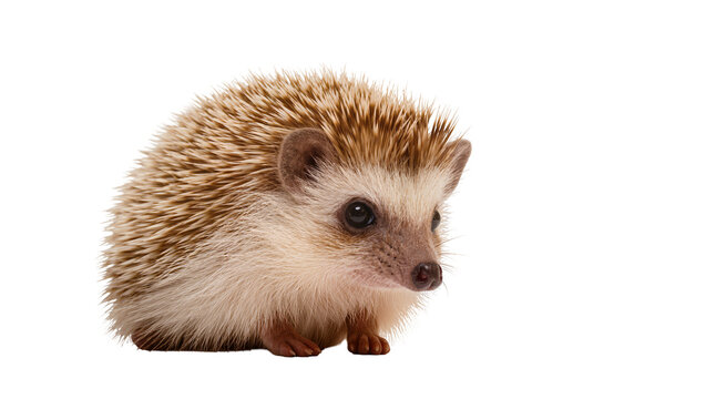 Isolated adorable small African pygmy hedgehog with quills looking curiously forward
