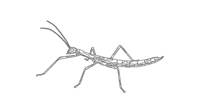 A simple black and white drawing of a stick insect on a white background.