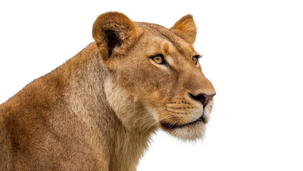 Obraz premium Isolated beautiful lioness looking right, powerful wild feline predator, majestic animal portrait