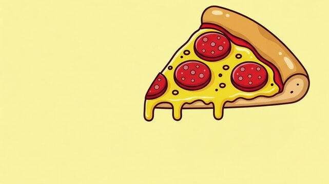 Slices of pepperoni pizza illustration on yellow background. Cute food drawing for menu design and fast food concept. Graphic art of delicious cheesy snack food.