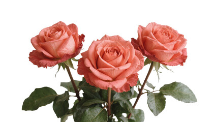 Isolated three fresh peach roses with vibrant petals and green leaves, perfect for spring designs