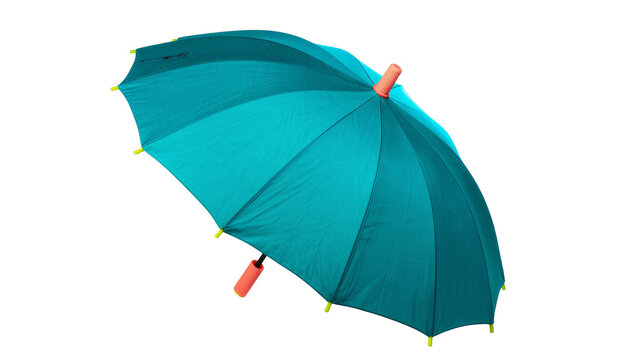 Isolated vibrant teal turquoise open umbrella with an orange handle, bright and stylish protection
