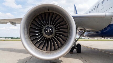 Close view of jet engine mounted on an airplane on a runway during a clear day with clouds in the sky