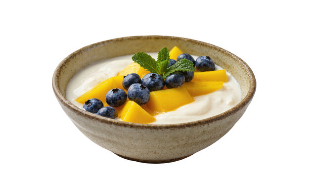 Isolated ceramic bowl of creamy yogurt topped with fresh mango slices and blueberries