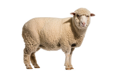 Isolated standing adult domestic sheep looking directly at camera with thick creamy wool © Maria