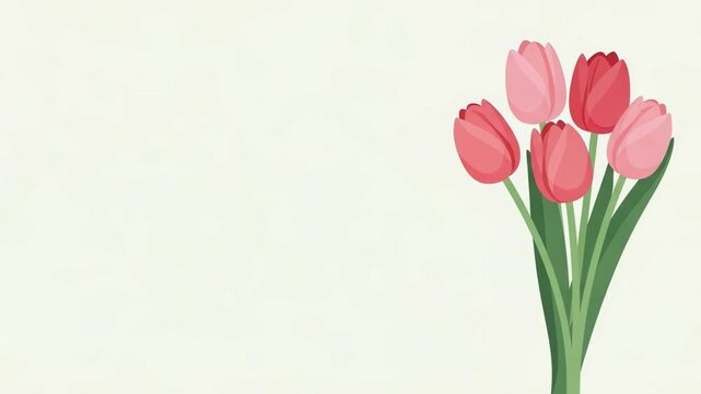 Pink tulip bouquet swinging gently. Animated floral illustration for spring season greeting card. Decorative nature design with blooming flower in flat style.